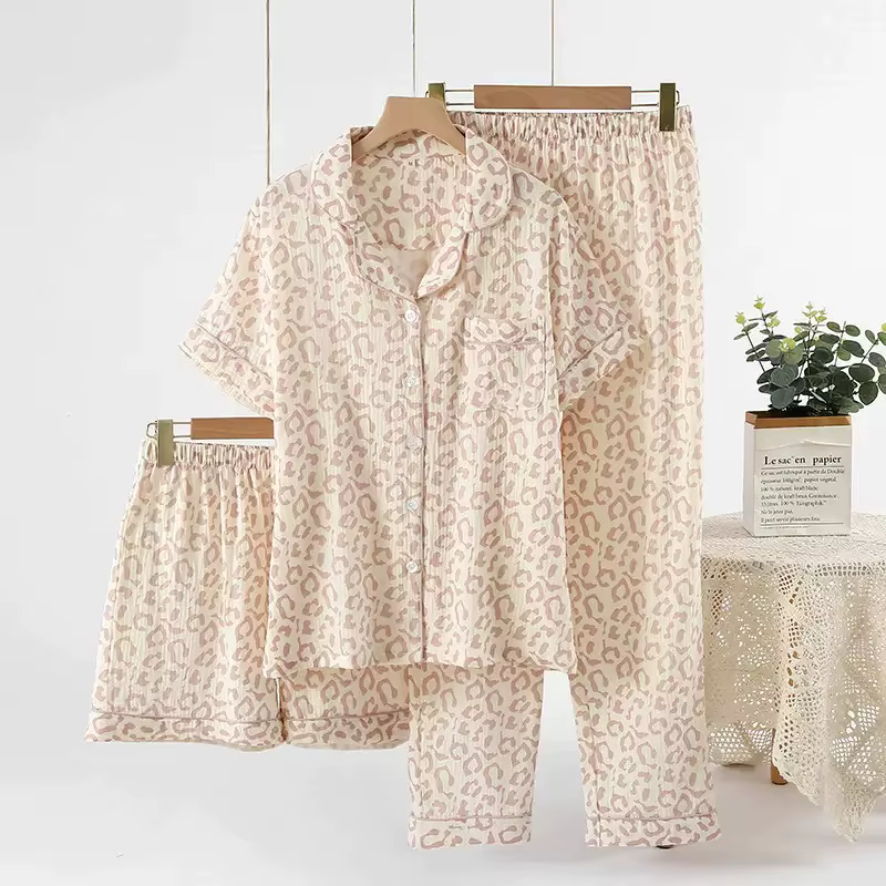 100% Cotton Gauze Women Pajama 3 Piece set European and American style Leopard Print Homewear Summer Women's