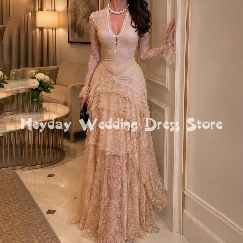Robe de soirée sirène longue en dentelle transparente à manches longues