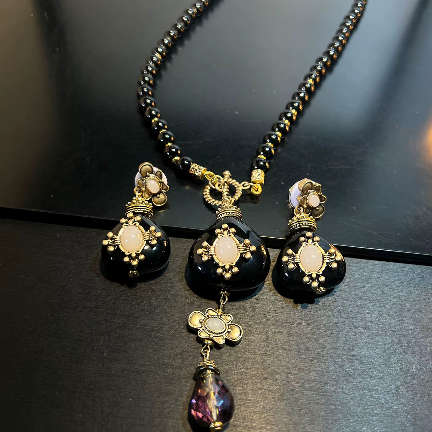 Ensemble collier et boucles d'oreilles vintage en agate à double et simple couche pour femmes