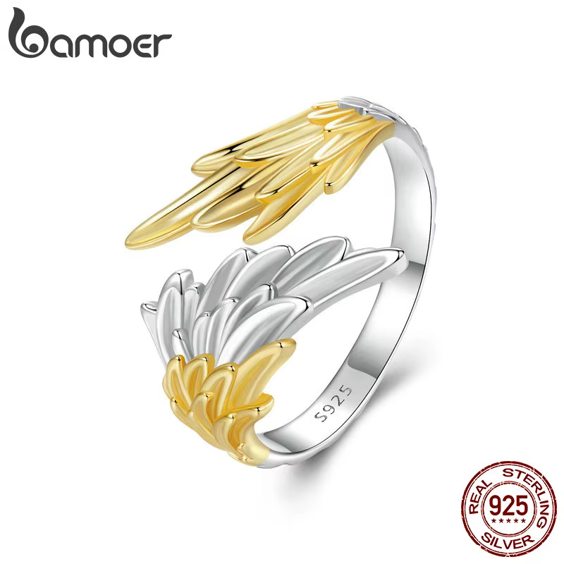 BAMOER 925 argent Sterling 14K plaqué or bague aile d'ange