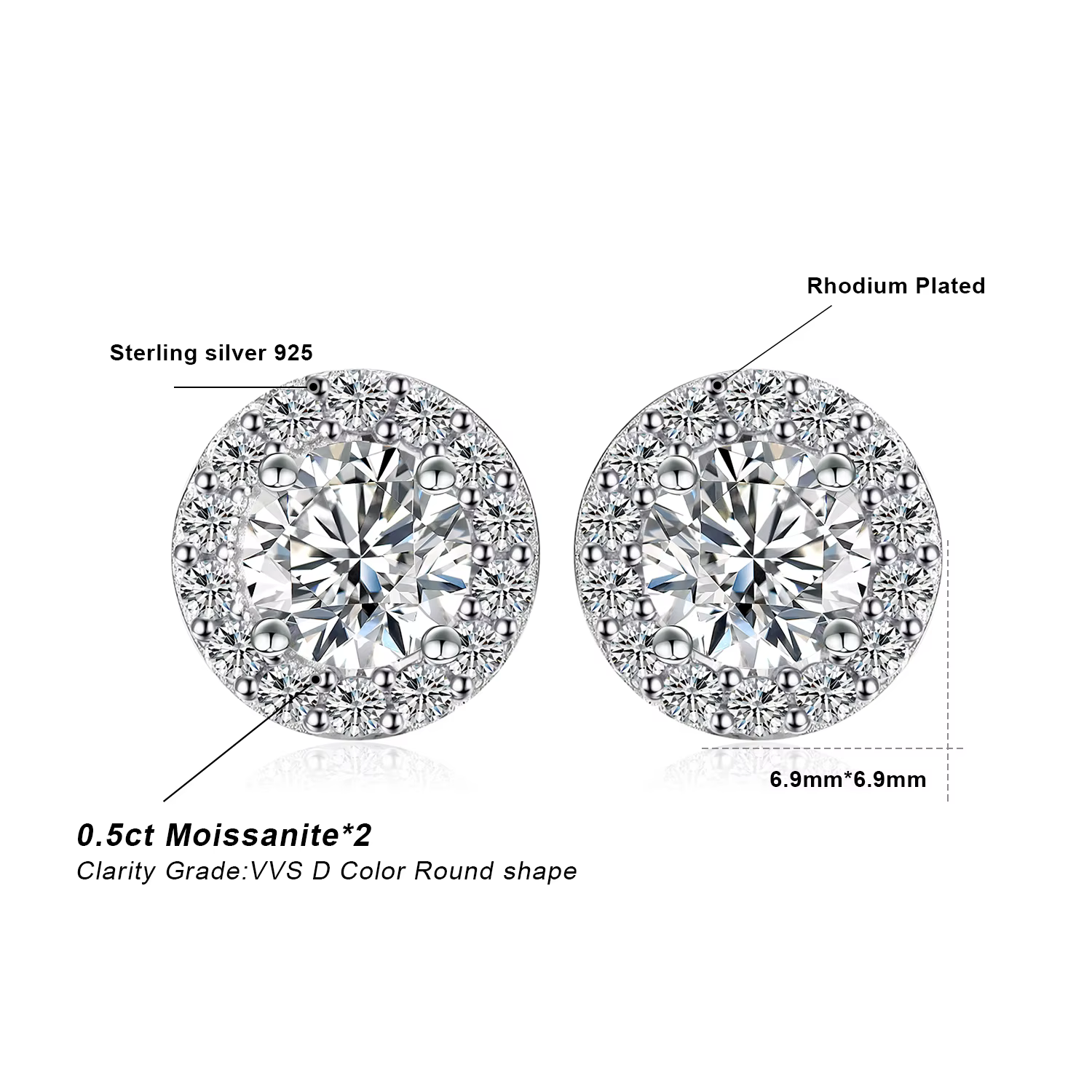 Moissanite D couleur Total 1ct rond 925 en argent Sterling Halo boucles d'oreilles pour femme or jaune plaqué or Rose