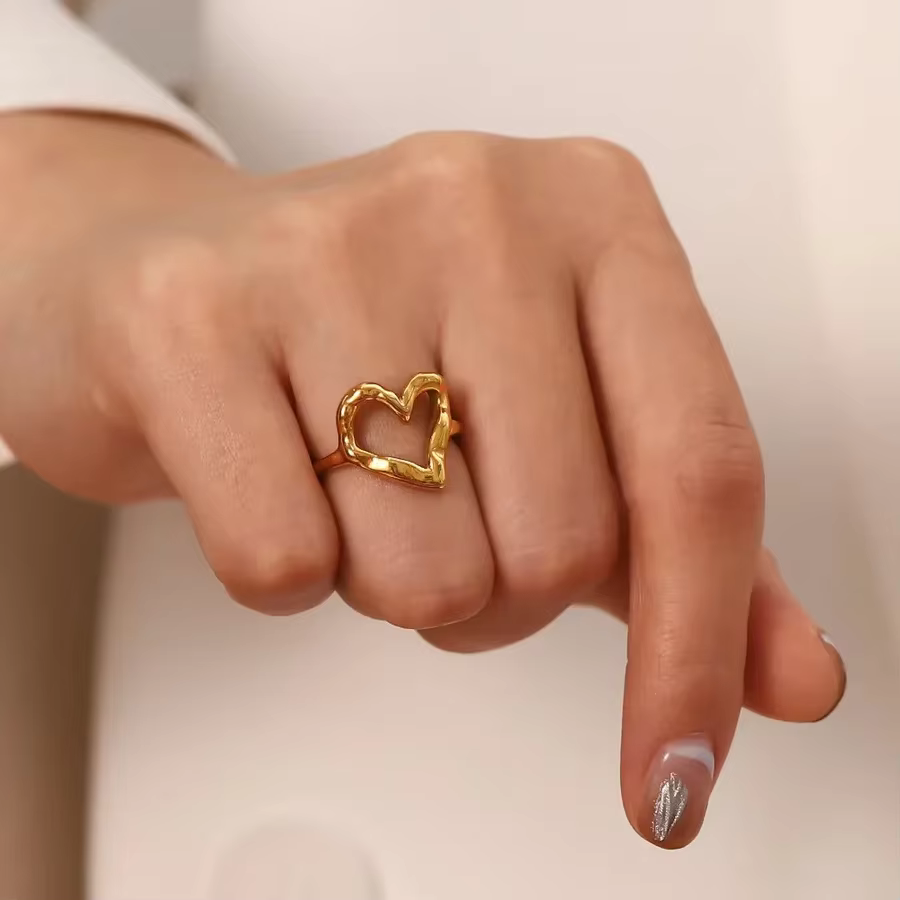 Bague Cœur Plaqué Or 18K en Acier Inoxydable Étanche