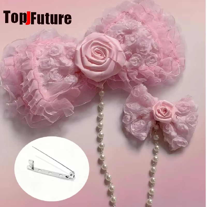 Pince à cheveux latérale style Hime Y2K Gyaru rose avec nœud et chaîne de perles