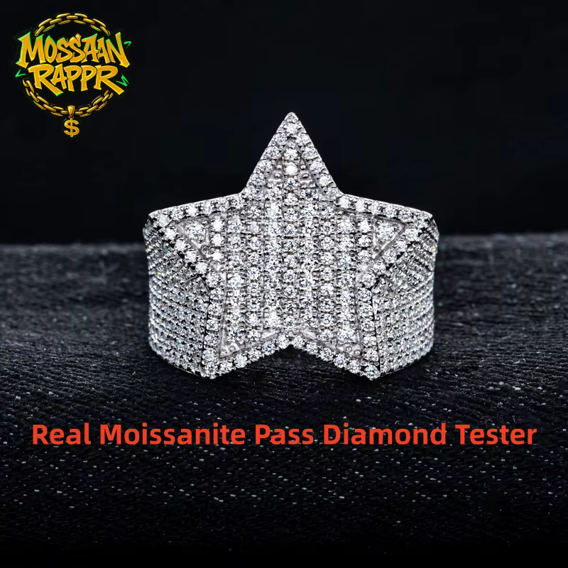 1.54cttw nouvelle bague pentagramme glacé Moissanite plaqué or 14K