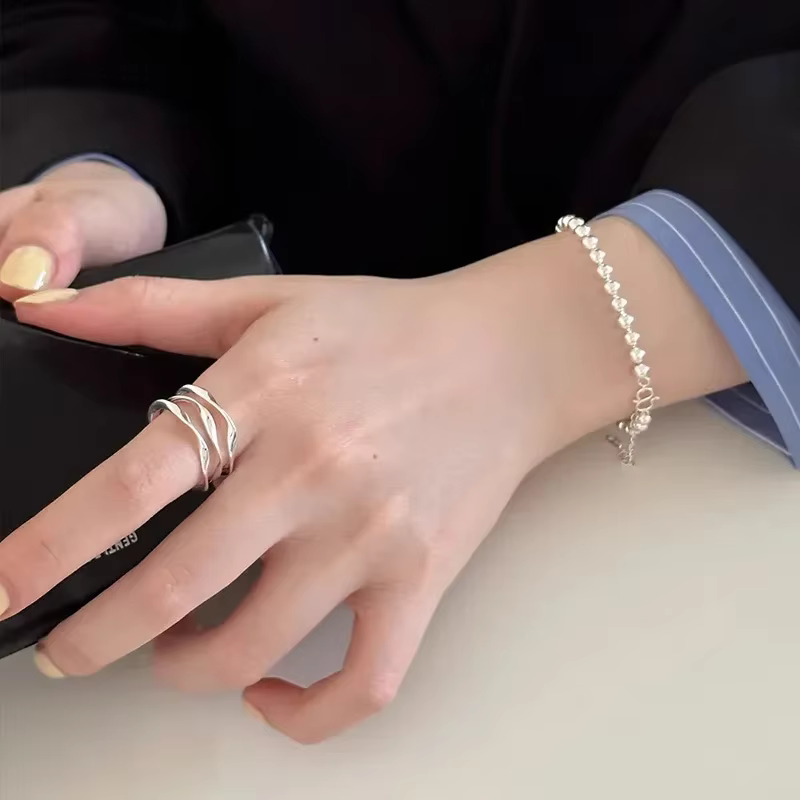 Bagues ajustables géométriques multicouches couleur argent pour femmes