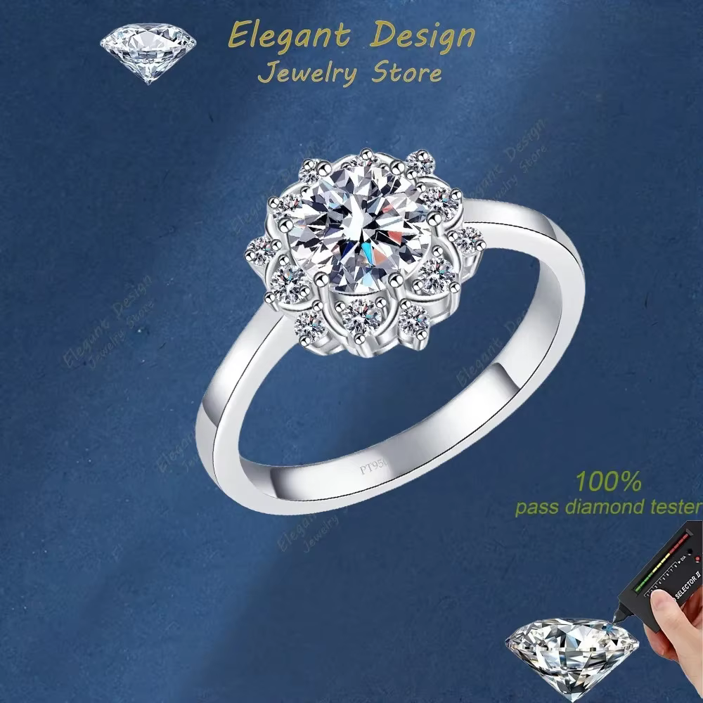 Fiançailles platine Pt950 1CT Moissanite diamant tournesol Six griffes alliance femmes cadeau d'anniversaire fille bagues de saint valentin
