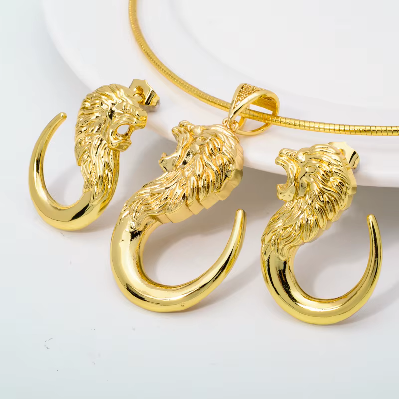 Ensembles de bijoux ensoleillés Hip Hop tête de Lion conception exagérée boucles d'oreilles pendentif collier femmes cuivre plaqué or de haute qualité
