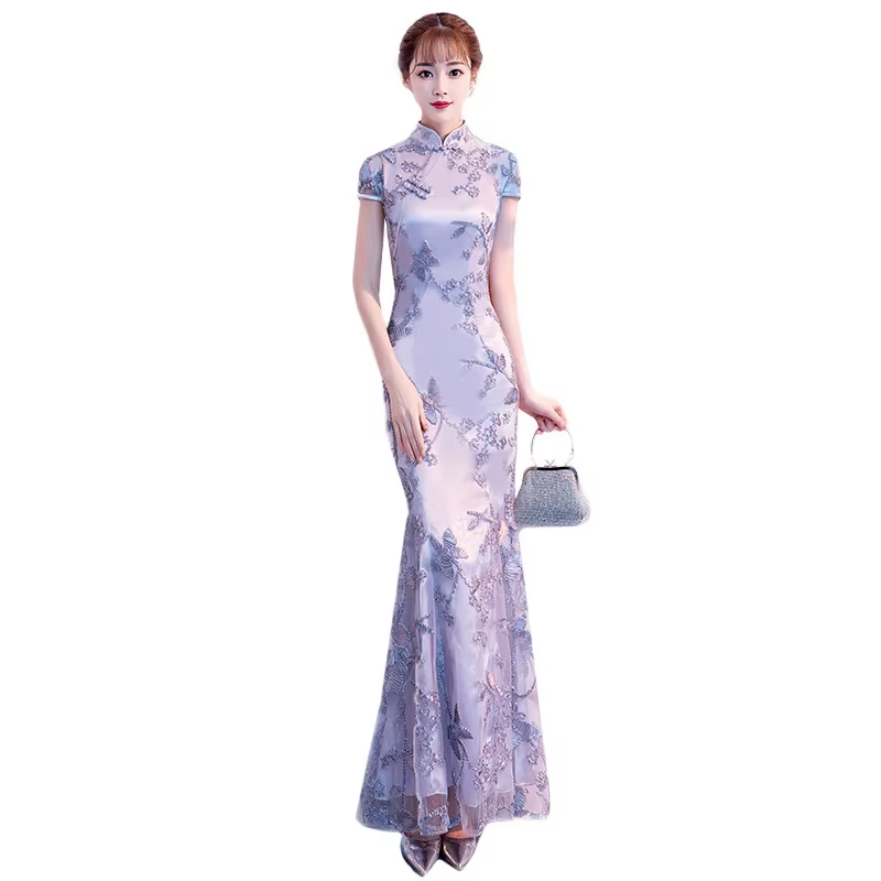 Robe longue en dentelle Cheongsam grise pour femme