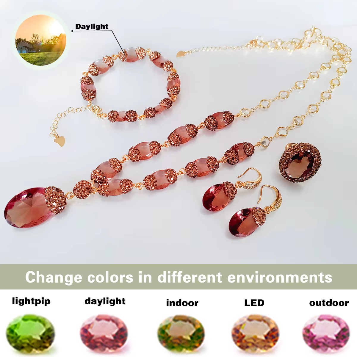 BOCARMAN Collier, bracelet et boucles d'oreilles ovales en sultanite synthétique diaspore à couleur changeante