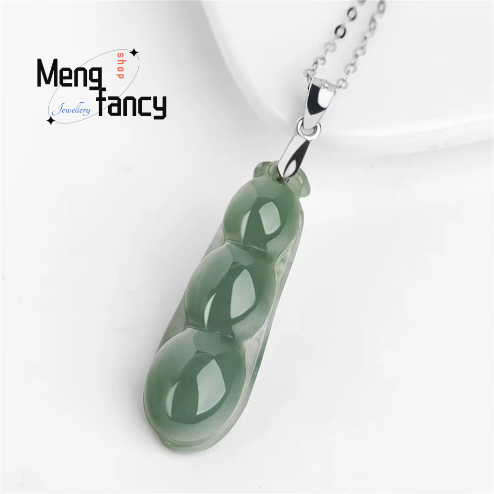 Naturel Myanmar A-goods jadéite huile vert béni haricot pendentif S925 argent incrusté collier exquis luxe qualité bijoux fins