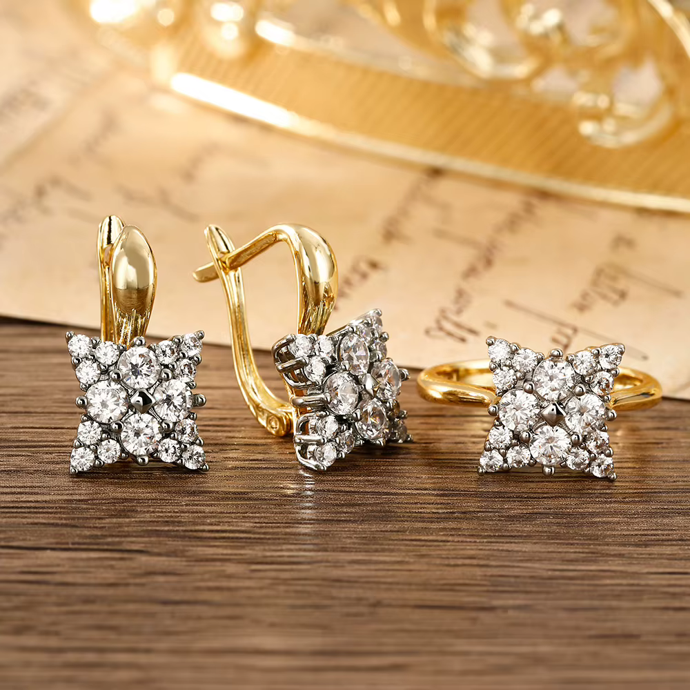 Ensemble de bijoux en zircon incrusté au design géométrique pour femmes - boucles d'oreilles et bague plaquées or