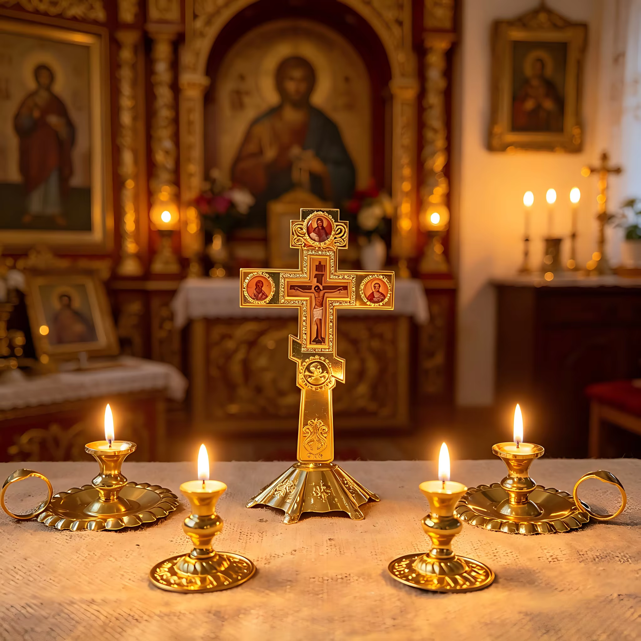 Nouvelle croix orthodoxe plaquée or avec base à icônes sacrées pour la liturgie de l'église