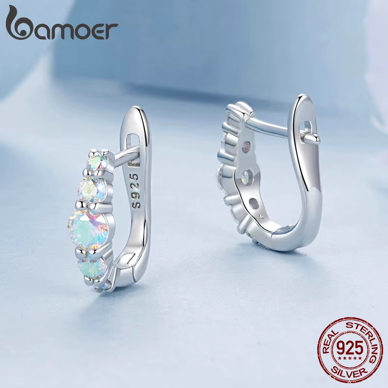 BAMOER 925 en argent Sterling rêveur arc-en-ciel Zircon boucles d'oreilles U forme Huggie