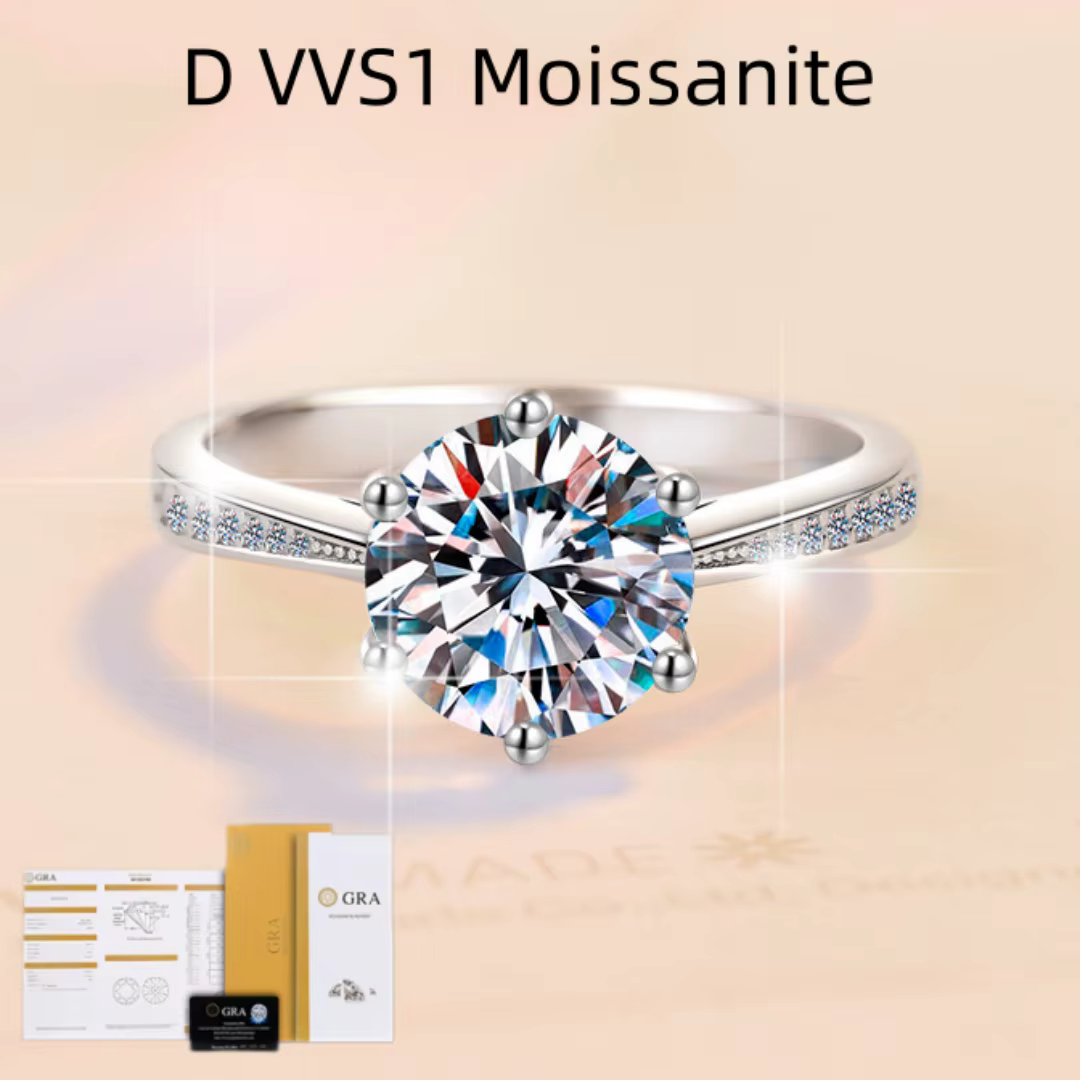 Bague en argent sterling 925 avec moissanite D VVS1 1ct pour femme