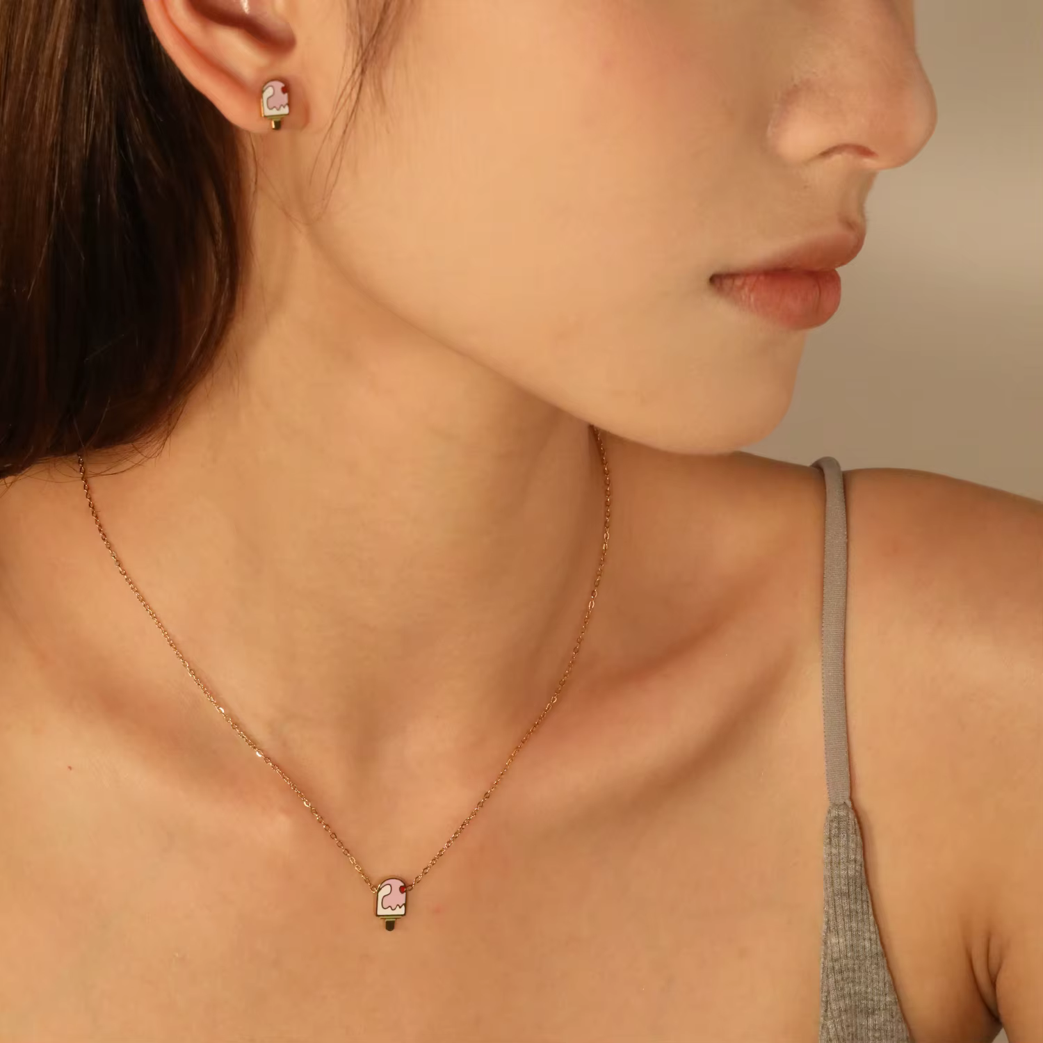 LUXUKISSKIDS été crème glacée pendentif ensemble de bijoux rose glace Popsicle mignon filles jeunes dames en acier collier boucles d'oreilles ensembles