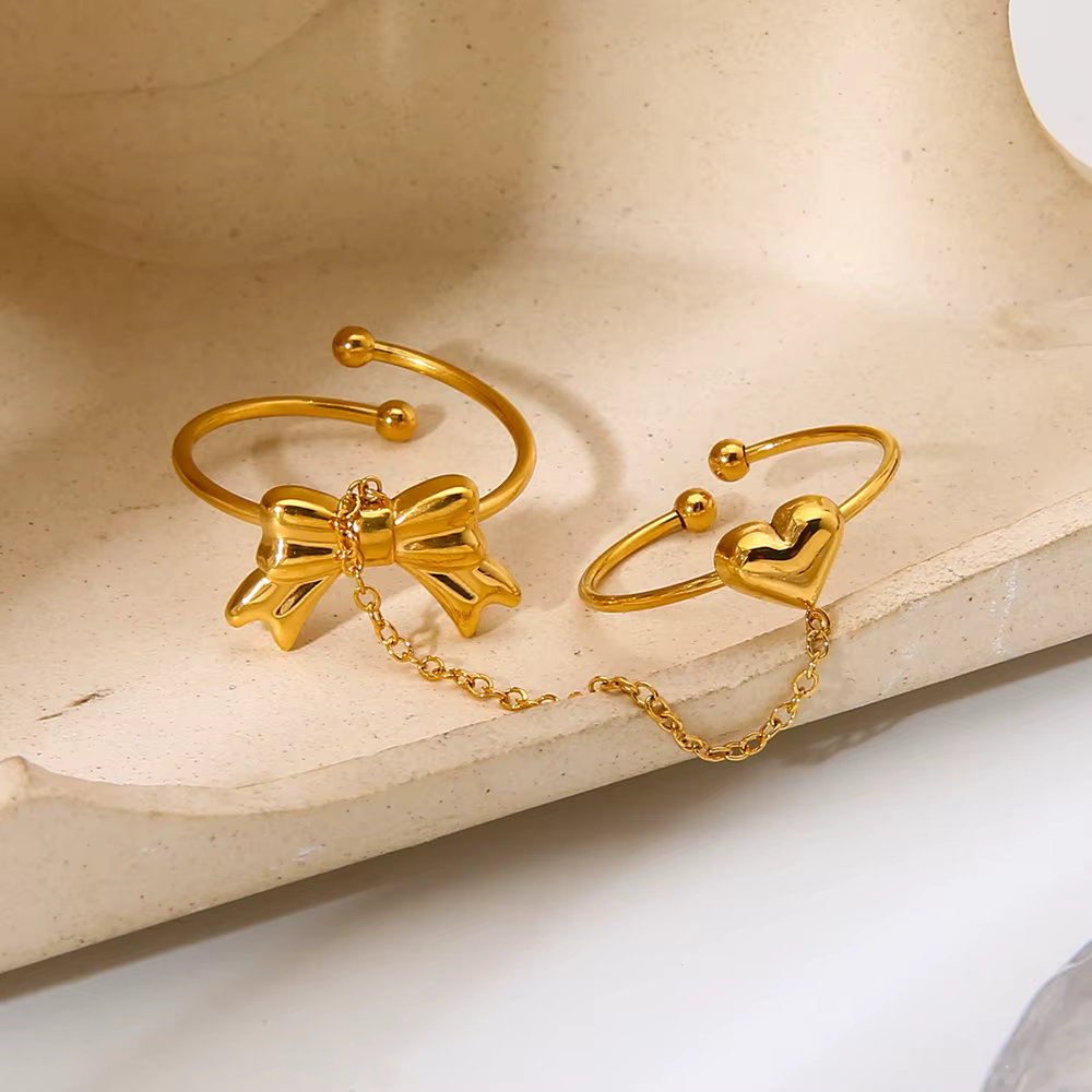 Ensemble de bagues papillon cœur tendance avec double chaîne de doigt