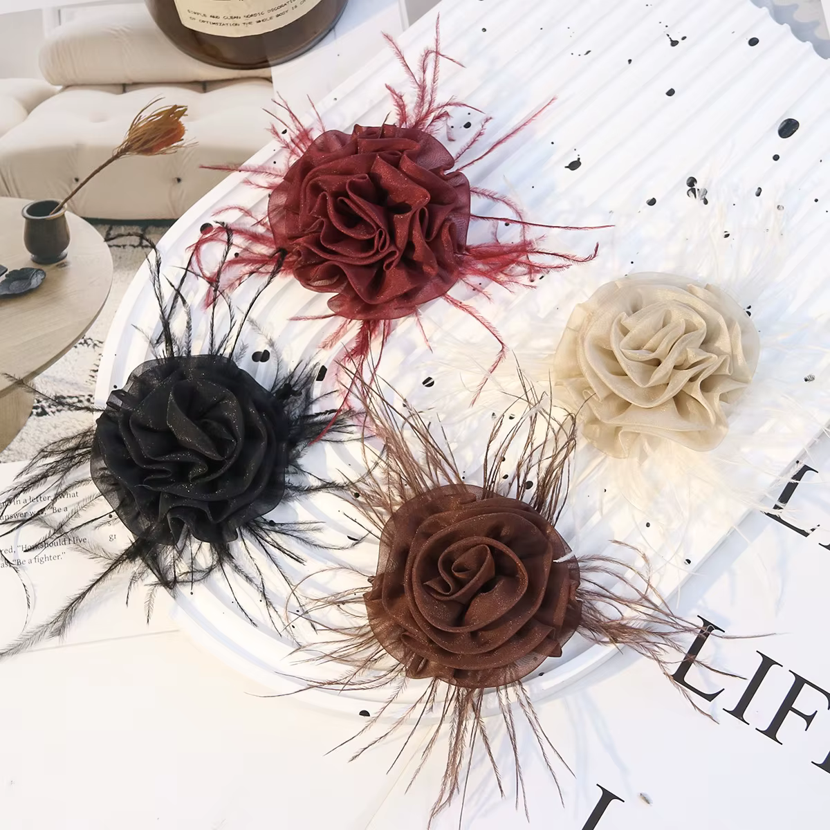 Fleurs décoratives en tissu rose roulé 3D