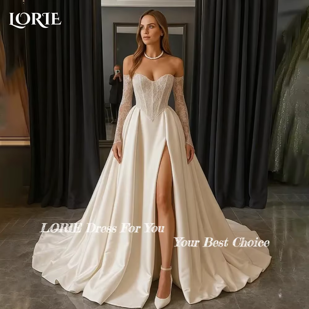 LORIE Vintage dentelle robes de mariée Appliques épaules dénudées dos nu fente à manches longues robe