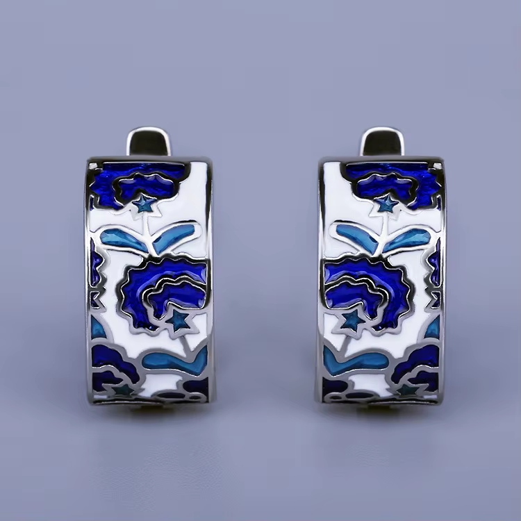925 argent classique créatif à la main bleu émail boucles d'oreilles pour dames fleur forme