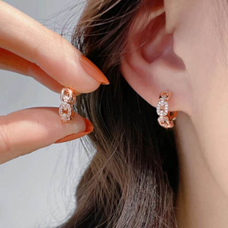 Huitan Chic Unique lien de chaîne conçu femme boucles d'oreilles brillant CZ couleur or Rose