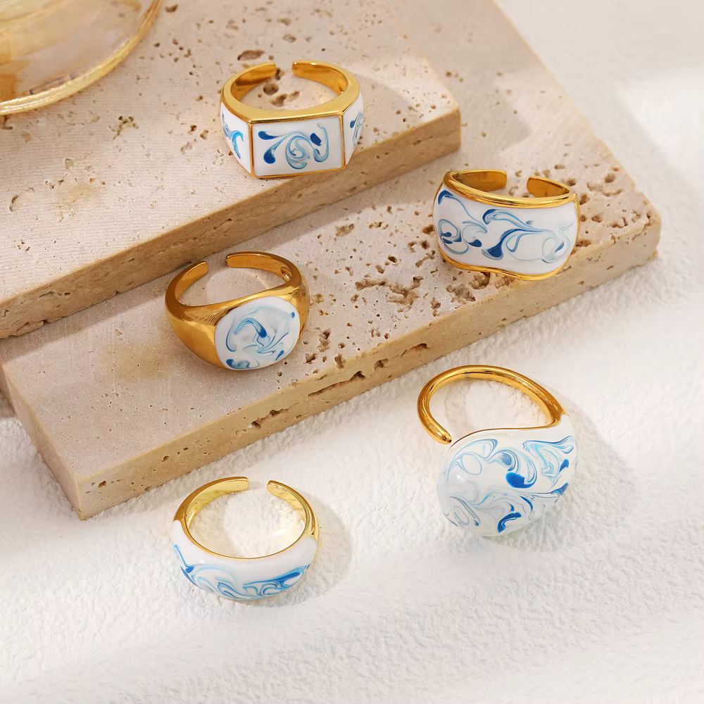 Bague ouverte Vintage en émail bleu blanc pour femmes
