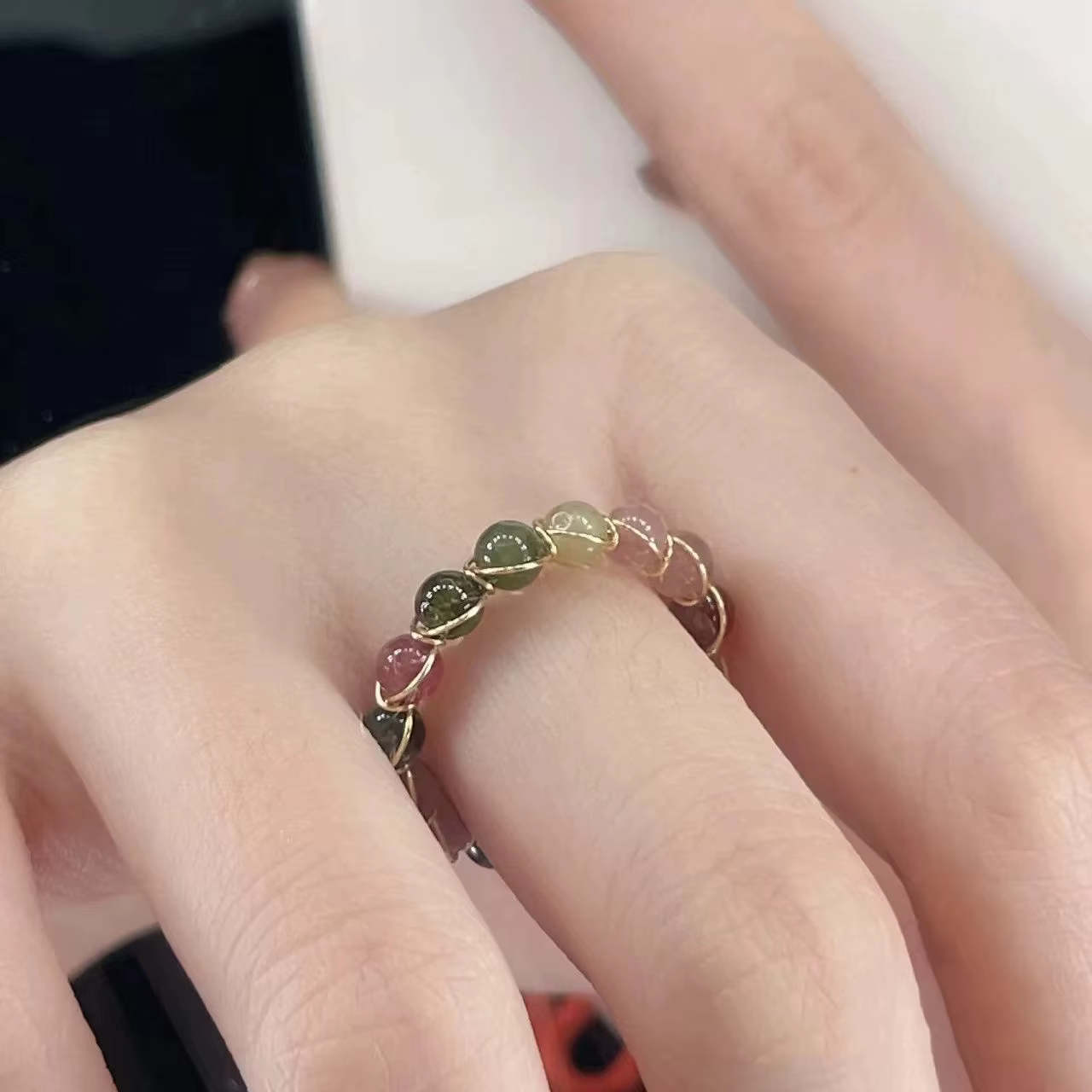Colorful Tourmaline Ring for Women Fashion Retro Handmade Metal Wire Winding Beaded Open Adjustable