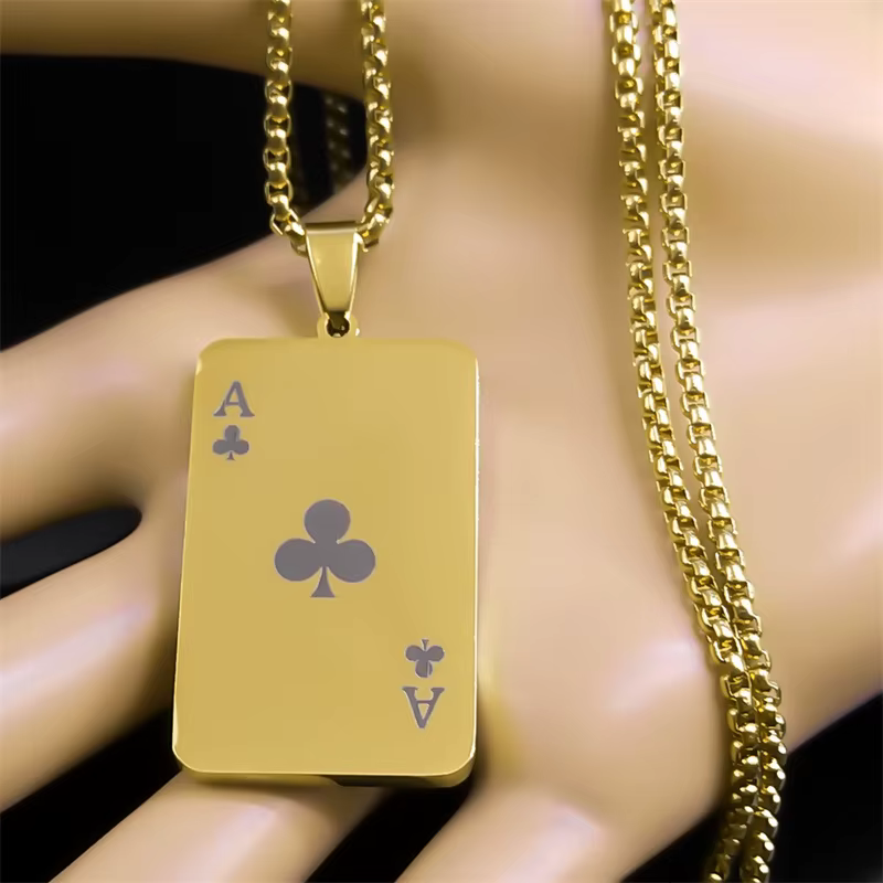 Punk Poker Fleur de Prunier Un Pendentif Collier pour Femmes/Hommes En Acier Inoxydable Or Document Hip Hop Carte À Jouer JOJewelry NZZZ130-2