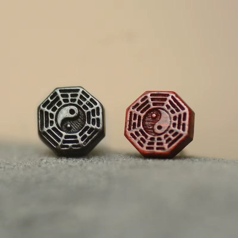 Boucles d'oreilles Taiji Bagua en bois de santal et argent Sterling