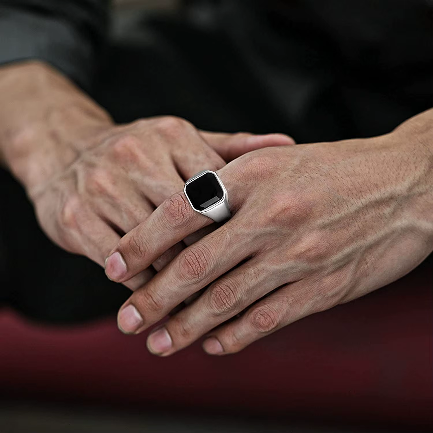 Bague chevalière Vintage en Onyx noir pour hommes