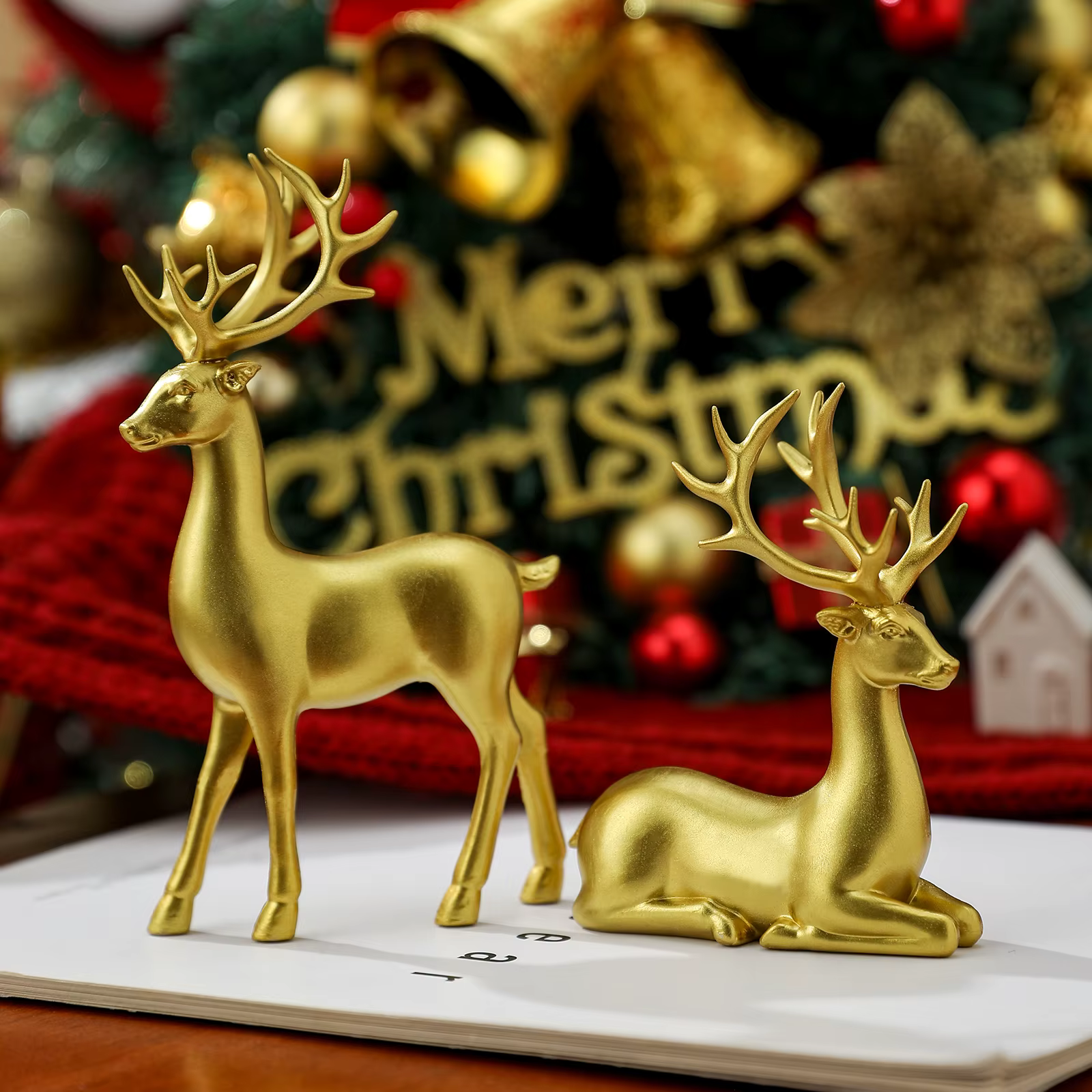 2 pièces décor de renne de noël résine debout assis cerf Figurine