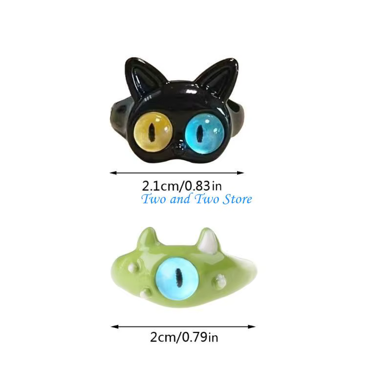 Hx6f drôle vert blanc chat monstre ring sweet yeux doux cool dessin animé mignon copines couple ouvert cadeau bijoux