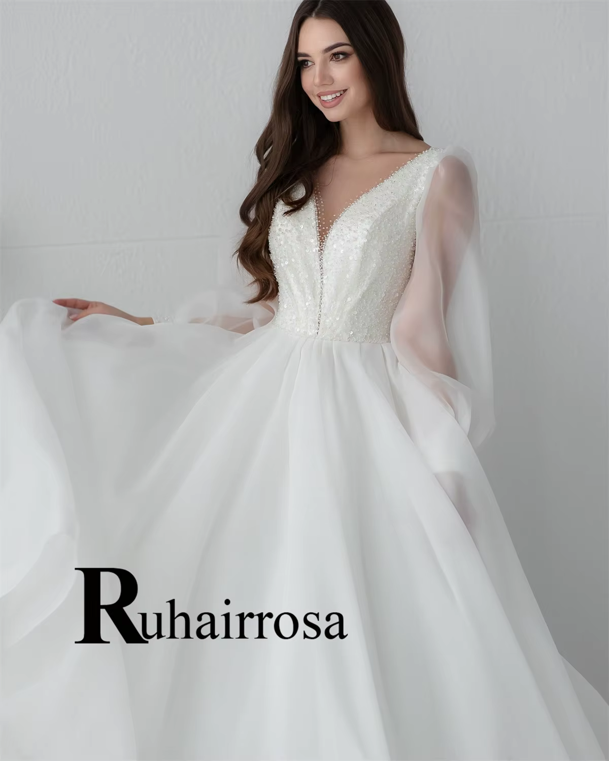 Ruhair charmante Robe De mariée col en v a-ligne dos nu manches bouffantes strass sur mesure Occasion