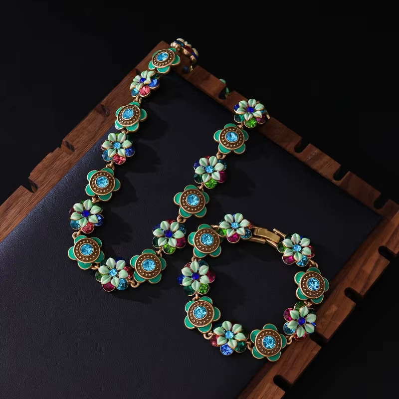 Parure de bijoux vintage en émail peint à motif floral