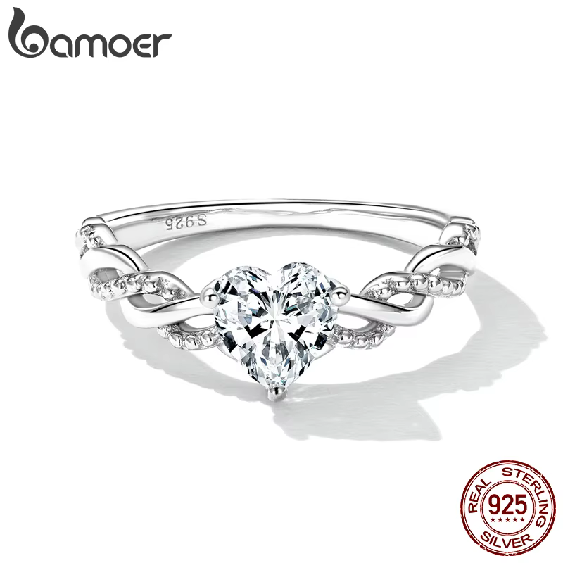 Bague en argent sterling 925 avec zircon en forme de cœur Bamoer