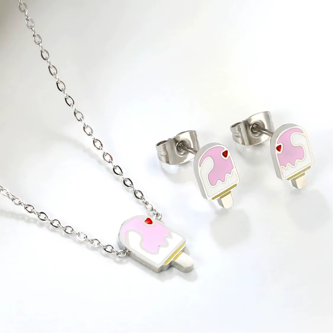 LUXUKISSKIDS été crème glacée pendentif ensemble de bijoux rose glace Popsicle mignon filles jeunes dames en acier collier boucles d'oreilles ensembles