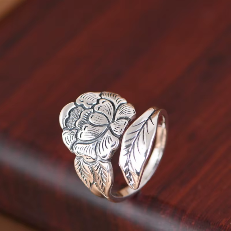 Buyee 925 en argent Sterling grand anneau doigt pivoine
