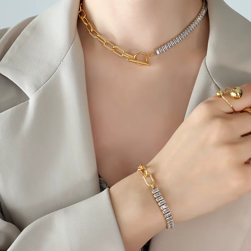 Collier et Bracelet carré en acier inoxydable pour femmes