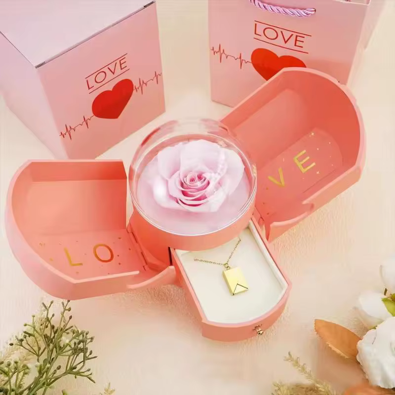 Boîte à bijoux de fleurs séchées en or rose avec compartiment d'amour secret – Surprise d'anniversaire de luxe dévoidant pour H