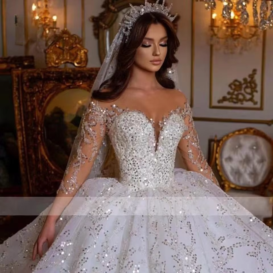 Haute Couture magnifique robe de mariée avec chérie à manches longues broderie paillettes Tulle longueur au sol