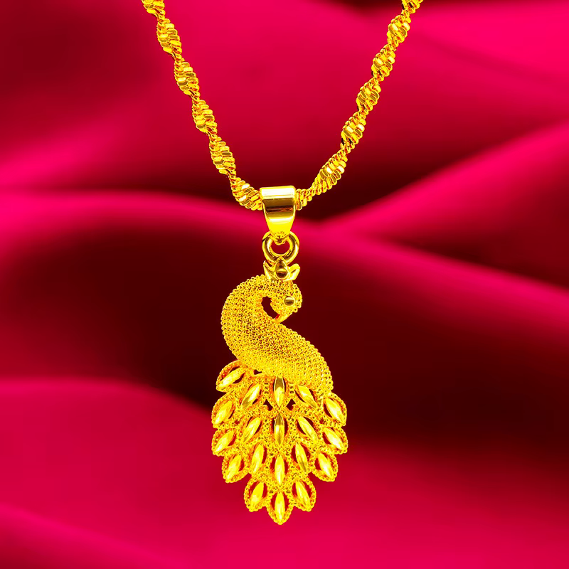 Collier Pendentif Paon en Or de Sable du Vietnam avec Chaîne Vague d'Eau pour Femme