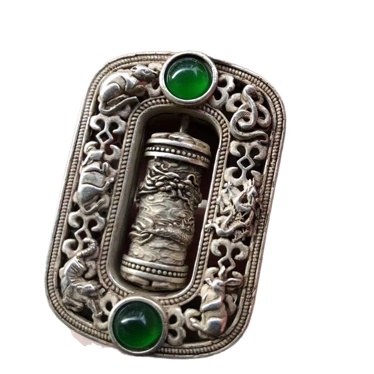 Pendentif rotatif vintage en argent tibétain avec tube de prière