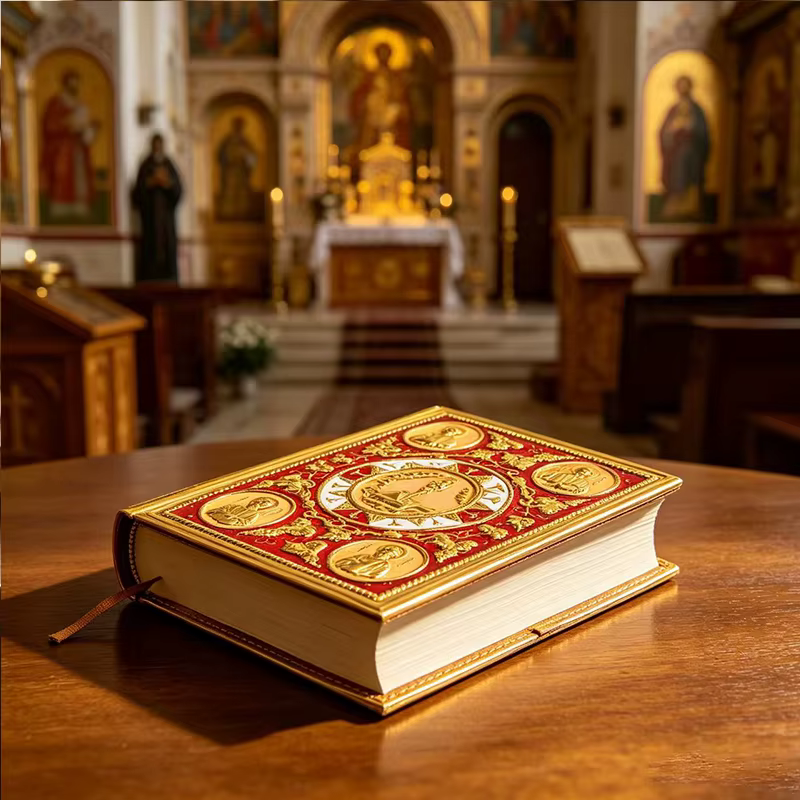 Nouvelle Couverture d'Évangile Ornée Plaquée Or avec Écussons en Relief des Apôtres pour l'Autel de l'Église Orthodoxe