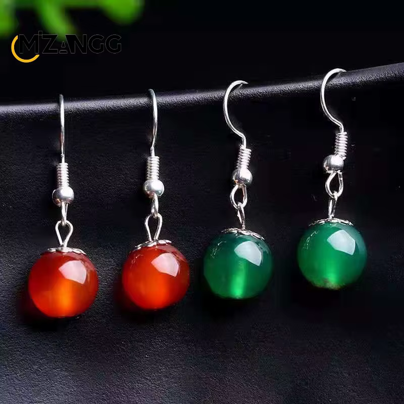 Boucles d'oreilles longues en argent S925 naturel incrusté de calcédoine