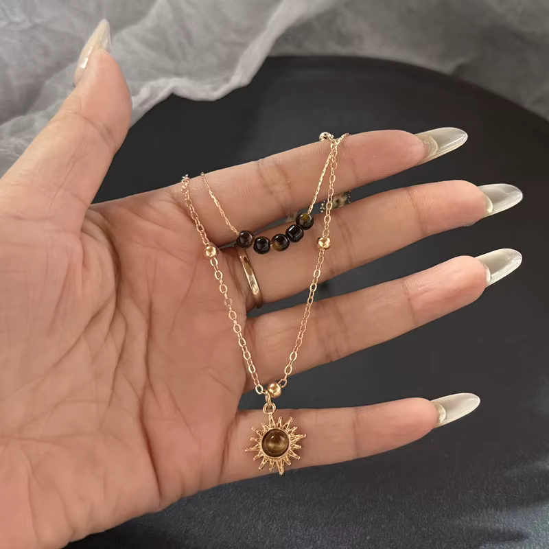 Collier pendentif soleil en pierre Double couche Vintage