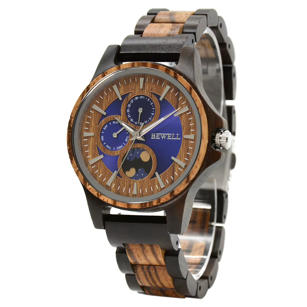 Montre homme luxueuse en bois gravé cadran rond phase de lune lumineuse