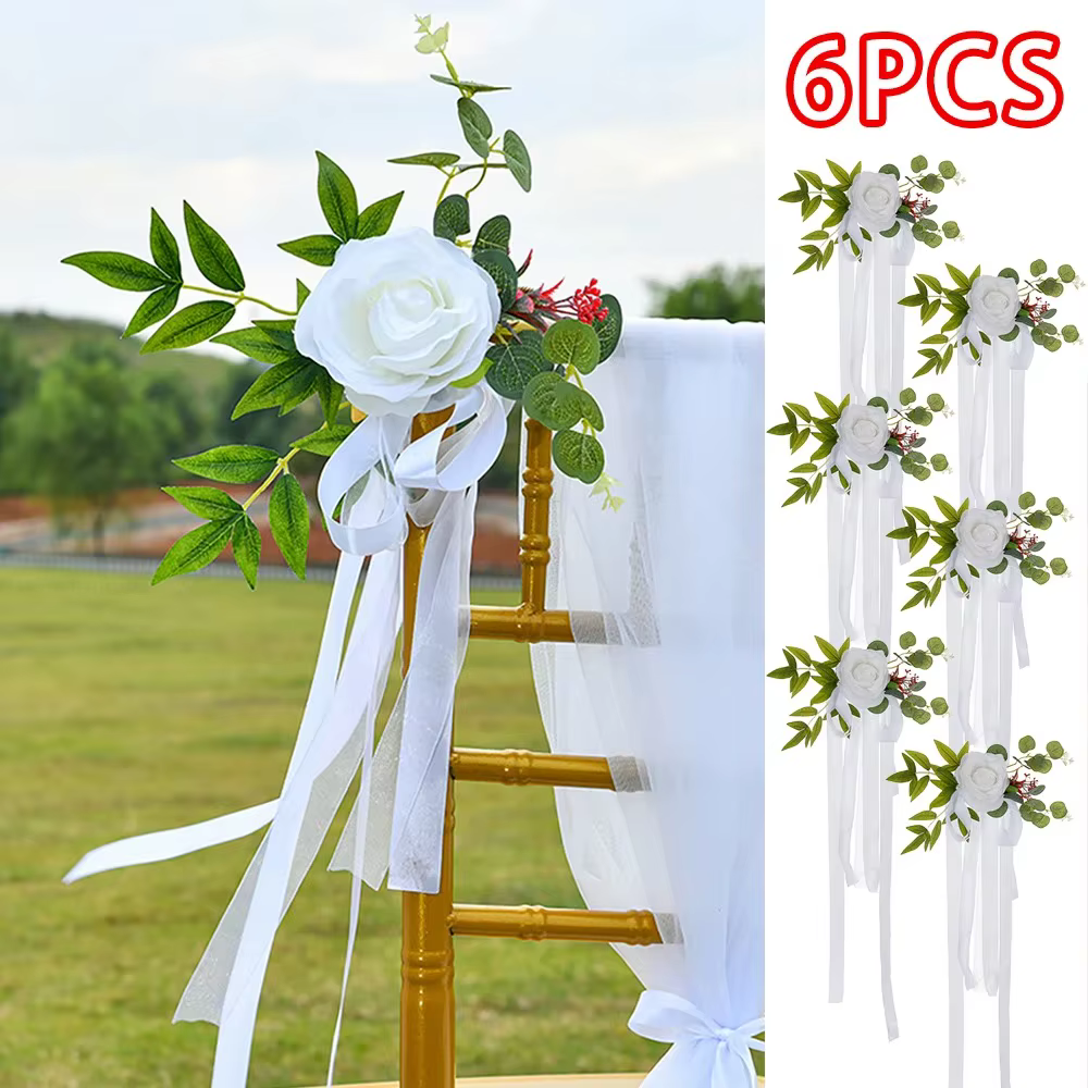 6 pièces de fleurs décoratives blanches pour dossier de chaise de mariage