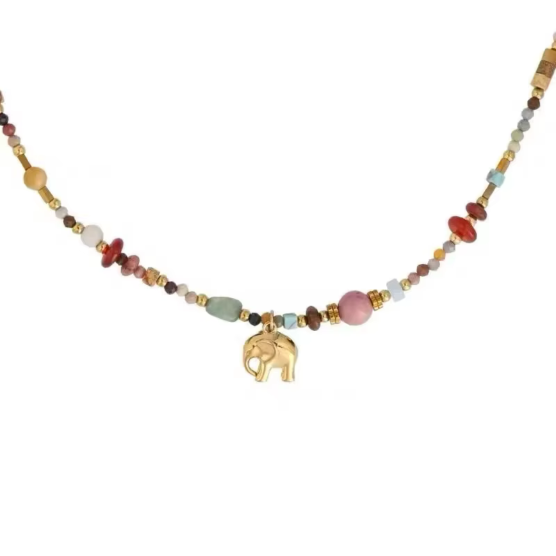 Chaîne de perles en pierre naturelle colorée rétro française
