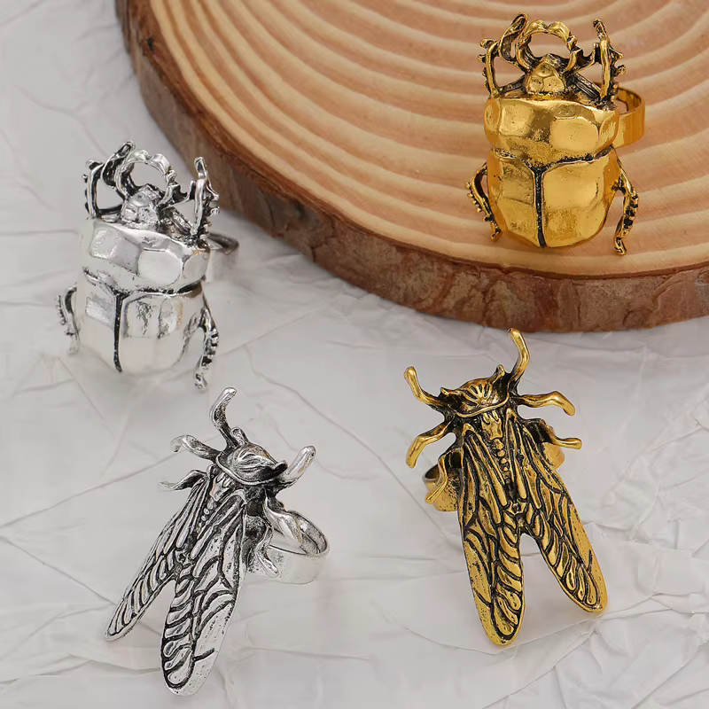 Punk coccinelle anneau ouvert pour hommes femmes exquise cigale insecte bague Vintage exagéré Hiphop décontracté polyvalent bijoux cadeau