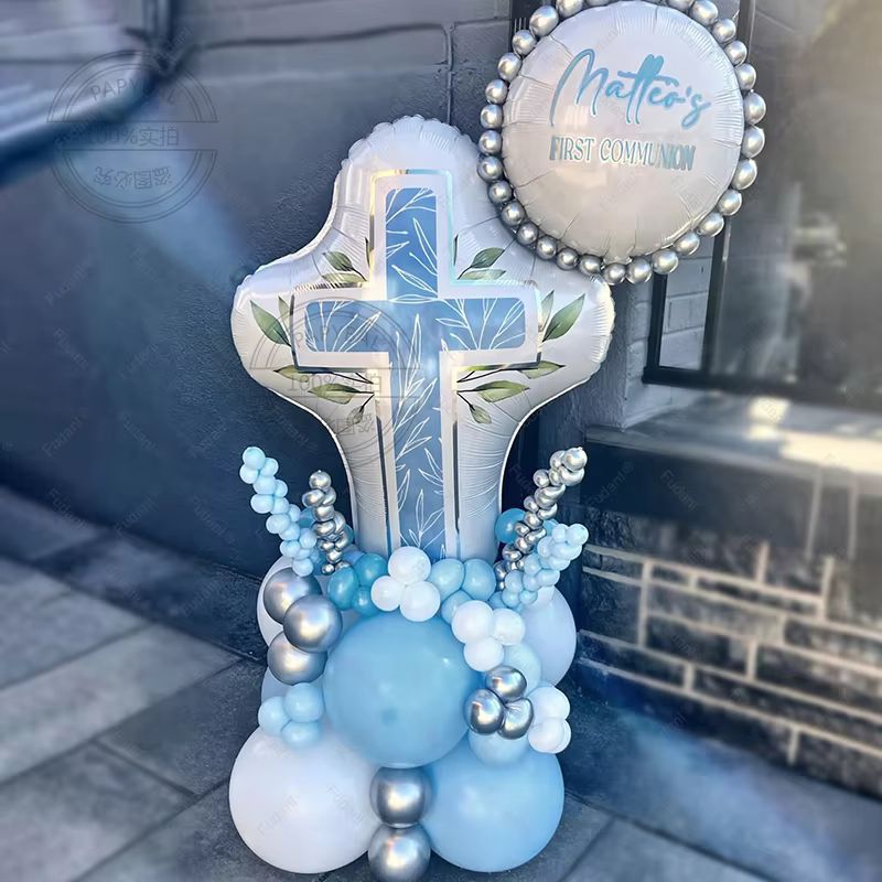 Bleu rose bébé baptême ballon croix bain feuille