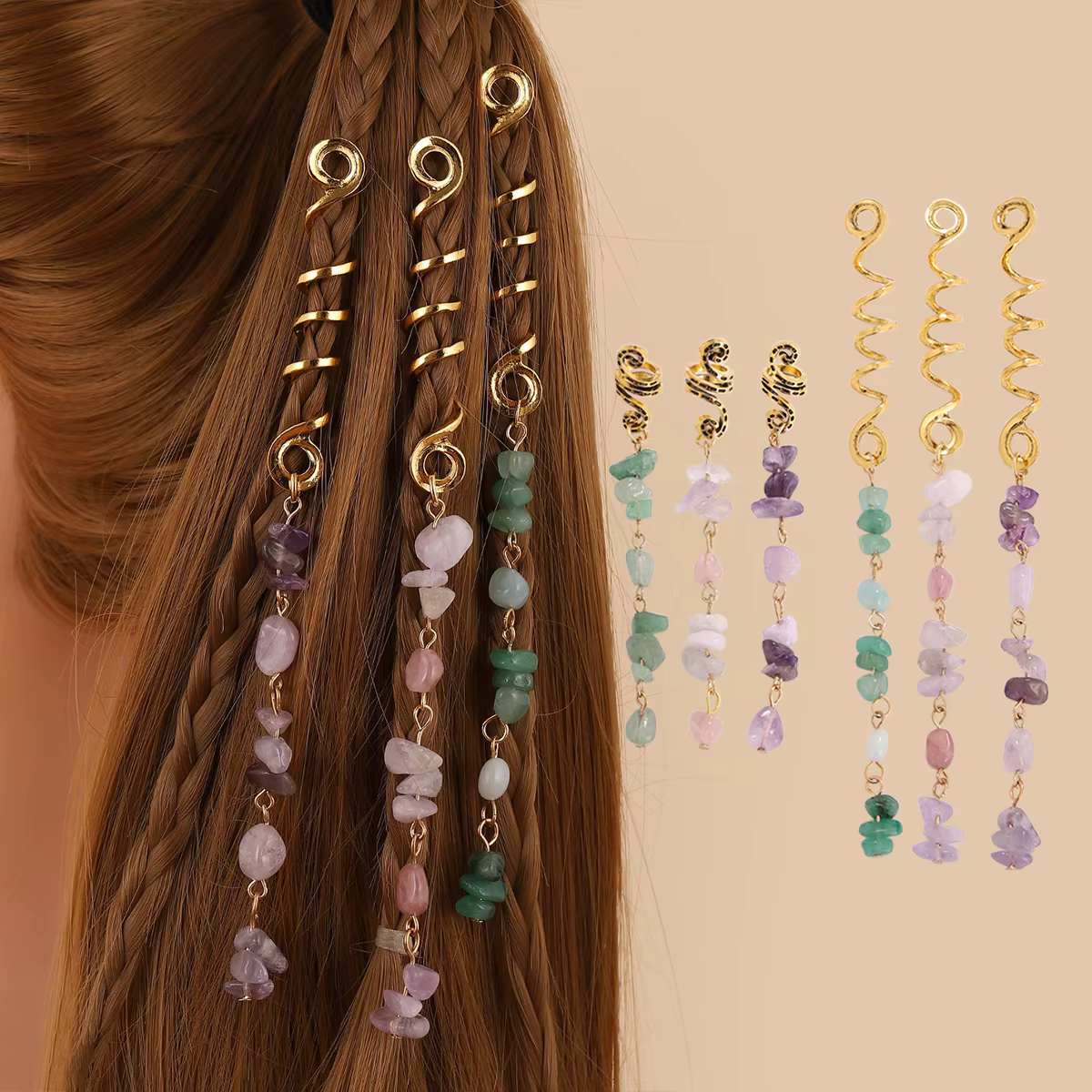 Anneau de cheveux tressé avec pendentif en pierre naturelle